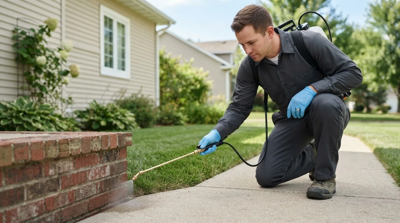 Pest control technician treating a home near Kingsford Heights, IN