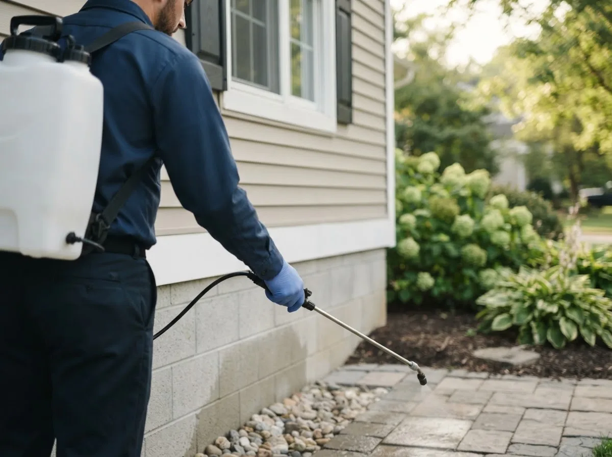 Pest control technician inspecting a home in Kingsford Heights, IN